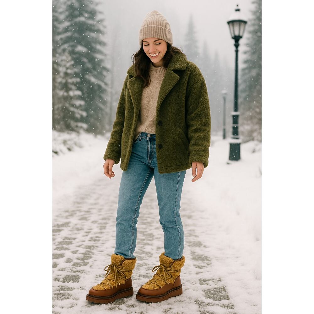 Sam Edelman Faux Fur Shearling Winter Lace Up Boots Tan Brown 8